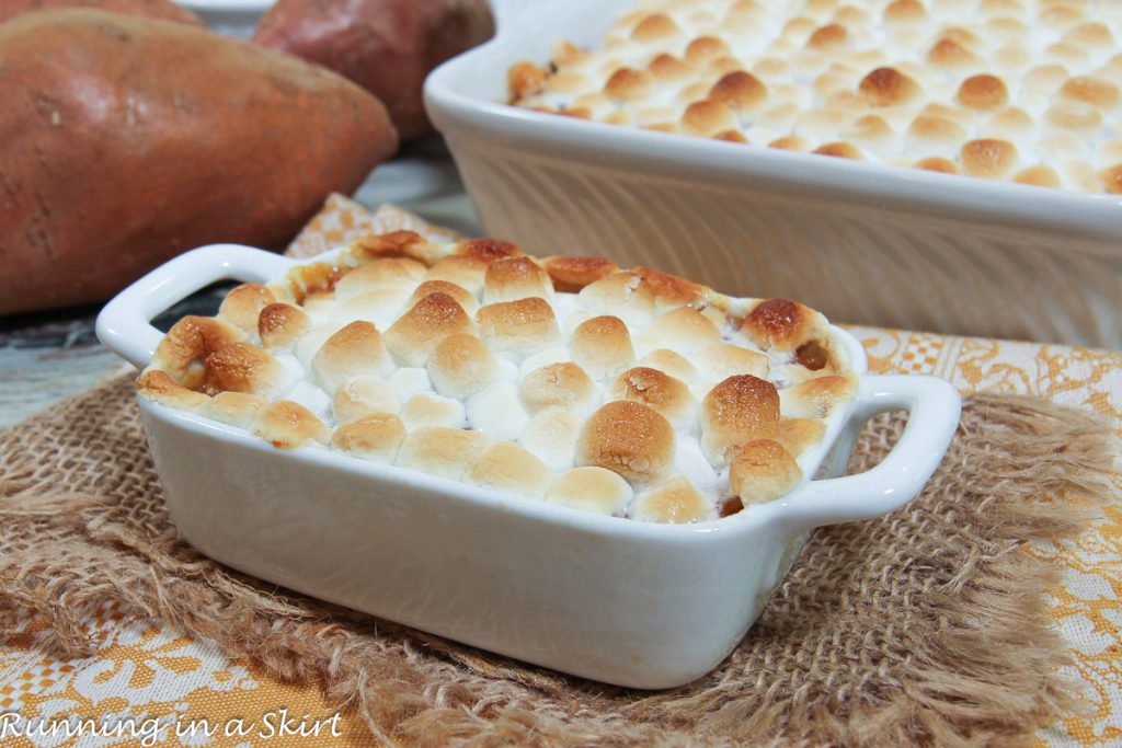 Best Sweet Potato Casserole with Marshmallows in a baking dish