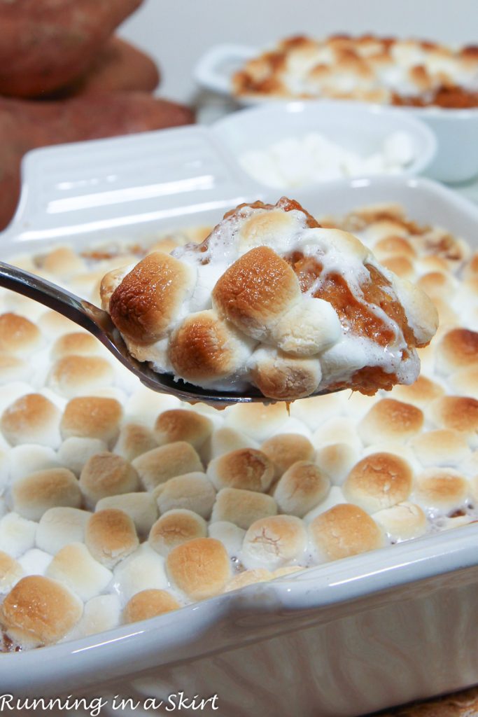 Best Sweet Potato Casserole with Marshmallows on a fork