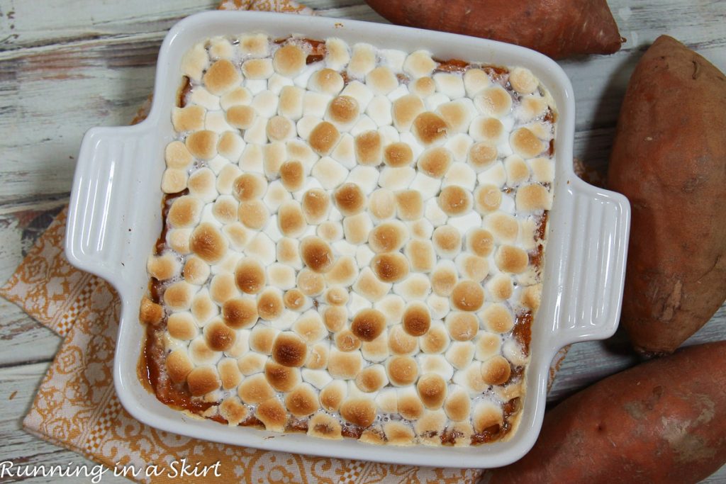 Best Sweet Potato Casserole with Marshmallows overhead shot