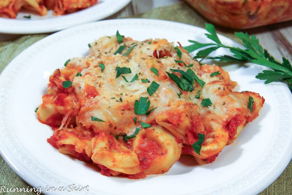 Tortellini Pasta Bake recipe on a plate.