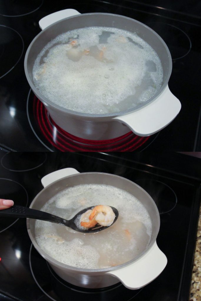 Process photo collage showing before and after of boiling the shrimp and when they will be done.