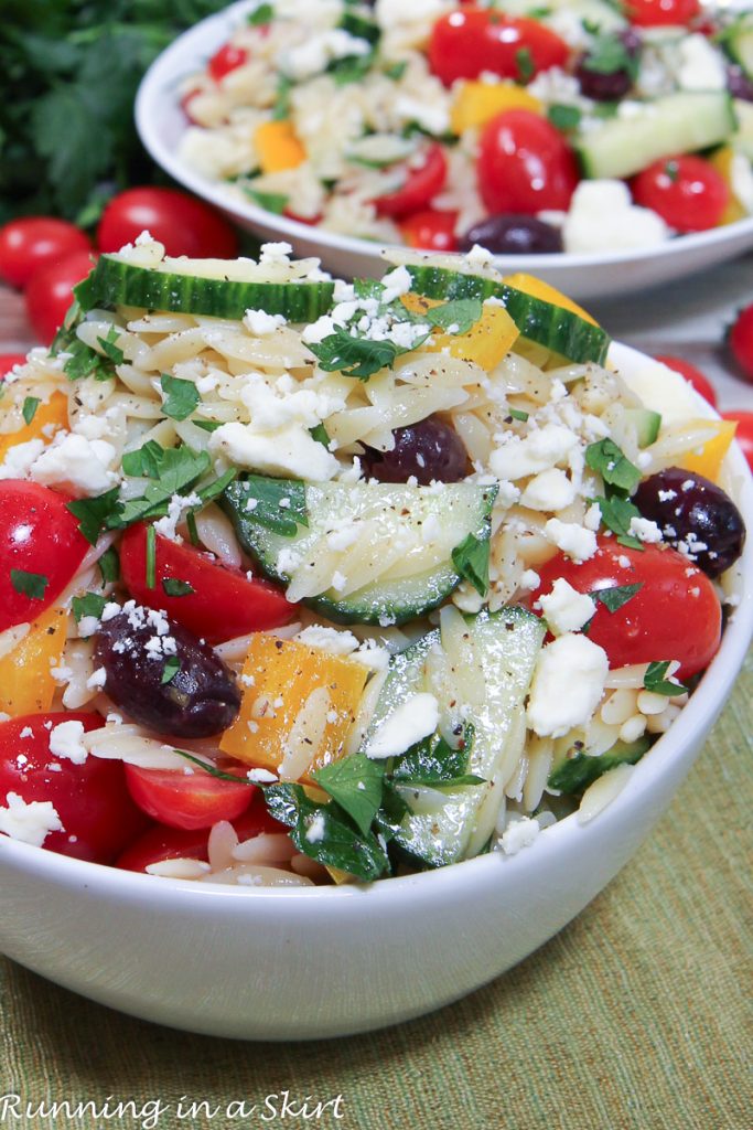 Greek Orzo Pasta Salad in a bowl.