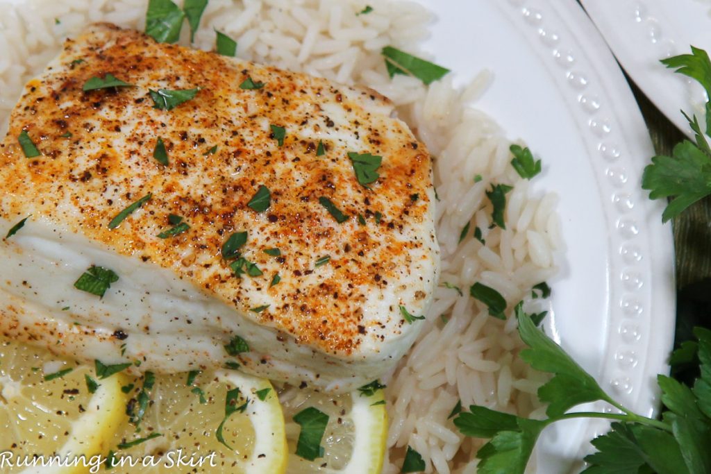 Air Fryer Halibut on a plate.